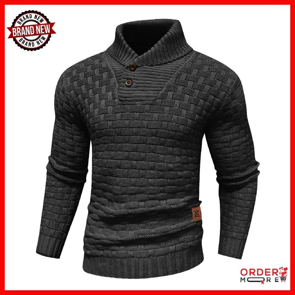 Men's Turtleneck Sweater Shawl Collar Cable Knit Pullover Regular Fit